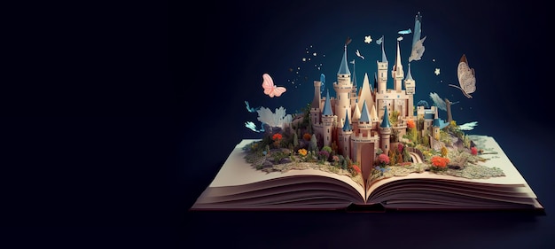 Banner van een open boek met een fantasiewereld die eruit springt Wereldboekendag
