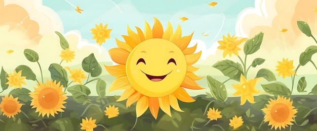 Banner van glimlachende zon met stralen gemaakt van bladeren Warm geel en groen C Omgeving 2D platte ontwerpen