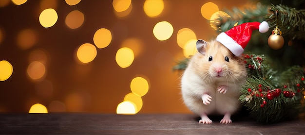 Banner van schattige hamster in kerstmuts en kerstboom met bokeh achtergrond