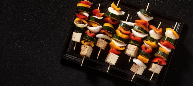 Banner van veganistische kebabs van groenten en gerookte tofu in een bakplaat klaar om in de oven te bakken