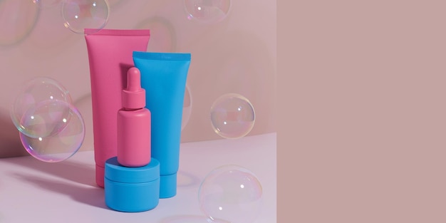 Banner verschillende mockups van cosmetische flessen op een roze achtergrond omringd door trends in zeepbellen