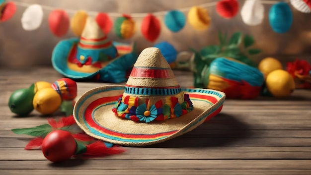Banner voor gelukkige Mexicaanse onafhankelijkheidsdag met sombrerohoed en maracas