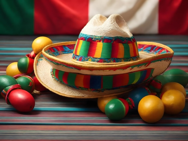 Banner voor gelukkige Mexicaanse onafhankelijkheidsdag met sombrerohoed en maracas