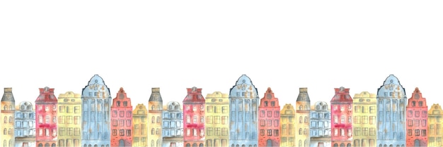 Banner for a website or social network painted in watercolor a seamless pattern of houses streets