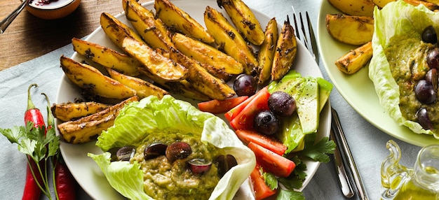 Banner of whole plant vegan lunch or dinner of baked potatoes baba ganoush tomato and avocado salad modern healthy food shot from above