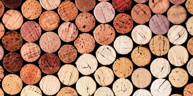 Photo banner of wine cork from red and white wine natural texture used bottle stoppers top view