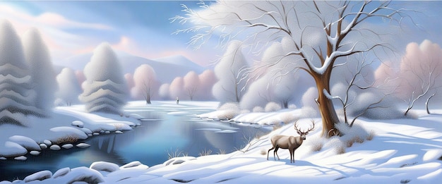 Banner winterlandschap met sneeuwbos en rivier illustratie ai