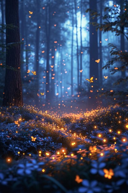 a banner with 3Drendered fireflies at twilight