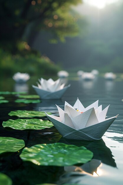 a banner with 3Drendered paper boats floating in a calm pond