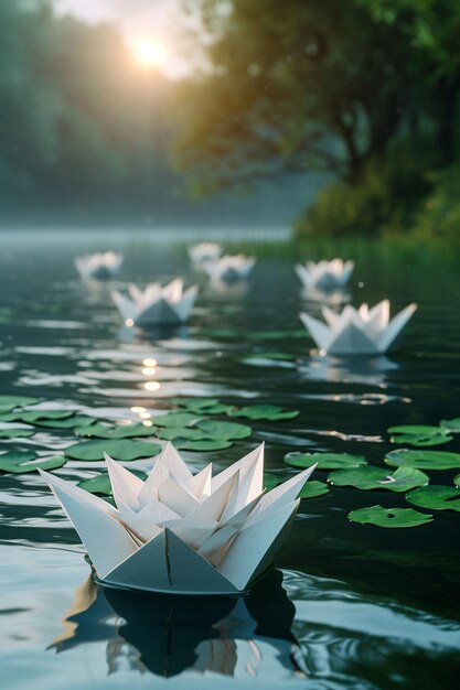 a banner with 3Drendered paper boats floating in a calm pond