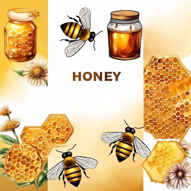 Photo banner with advertising honey product watercolor hand painted illustration