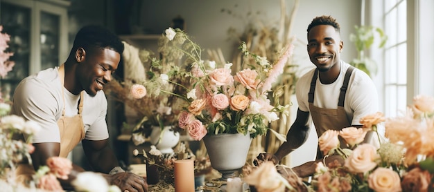 Banner with African American male florists creating bouquets in flower shop Small business Generative AI illustration