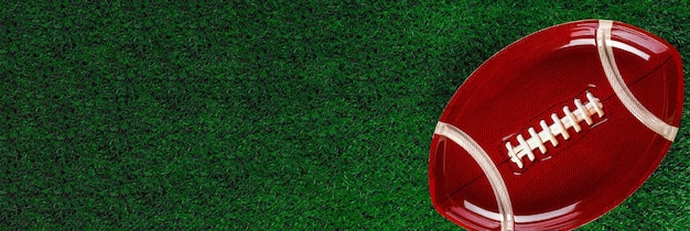 Photo banner with american football plate on green grass.