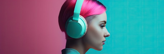 Banner with a beautiful girl with bright pink short hair in turquoise headphones on a pink and burrows background