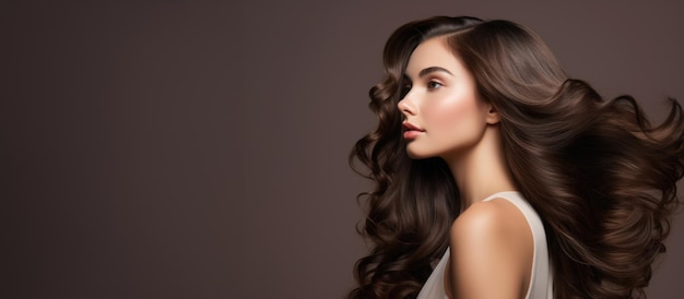 Banner with a beautiful shade girl with gorgeous waving hair on a brown background