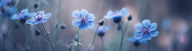 Banner with blue flowers in green grass Generate Ai