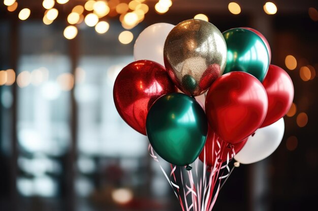 Banner with a bunch of red green and gold helium balloons on a background of bokeh lights