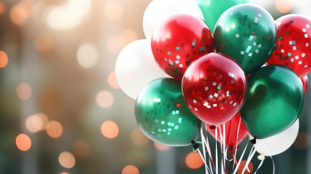 Banner with a bunch of red green and gold helium balloons on a background of bokeh lights