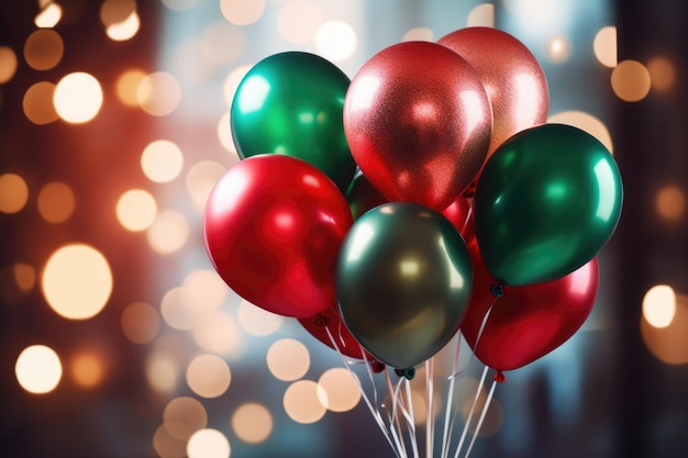 Banner with a bunch of red, green and gold helium balloons on the background of Christmas lights bokeh