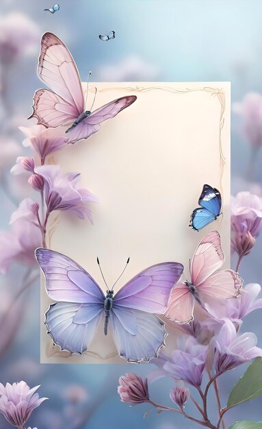 写真 蝶と花のバナーと空のコピースペースの春の自然背景のグリーティングカード