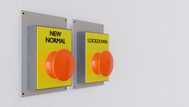 新しい法線の焦点が合っているボタンと焦点が合っていないロックダウンボタンのあるバナー。 3Dレンダリング