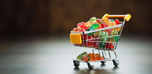 banner with christmas sweets and gifts in a supermarket trolley