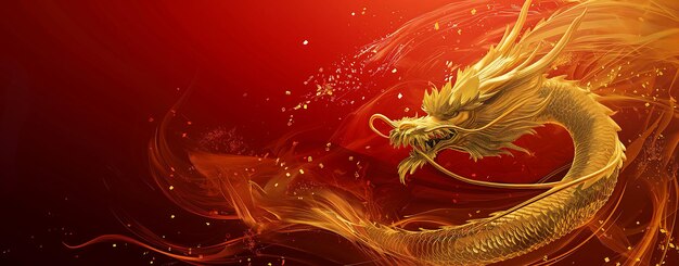 A banner with copy space featuring a golden dragon and red background Chinese New Year concept