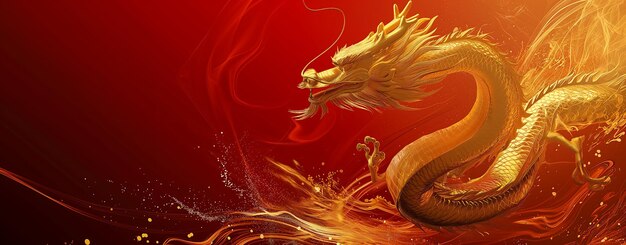 A banner with copy space featuring a golden dragon and red background Chinese New Year concept