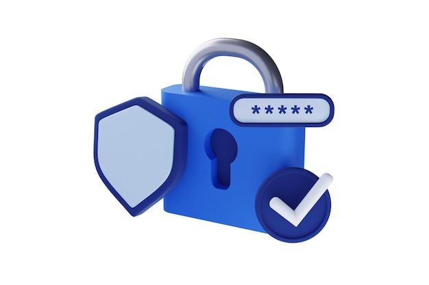 banner with cyber security 3d render illustration of a shield with padlock. user account protection