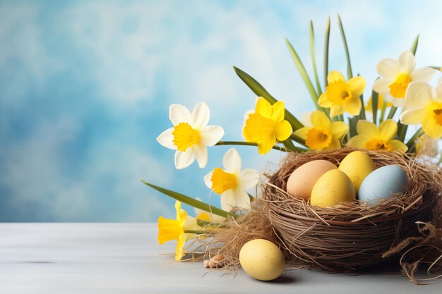 banner with easter eggs in a bird nest basket and yellow daffodils flowers