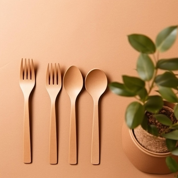 Photo banner with eco friendly craft paper cutlery and wooden tableware on a beige background with copy space