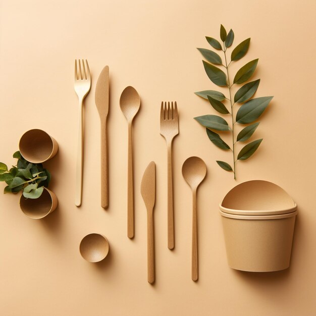 Photo banner with eco friendly craft paper cutlery and wooden tableware on a beige background with copy space