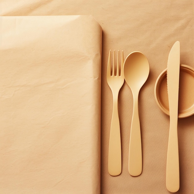Photo banner with eco friendly craft paper cutlery and wooden tableware on a beige background with copy space
