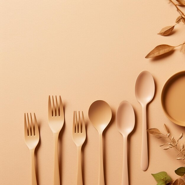 Photo banner with eco friendly craft paper cutlery and wooden tableware on a beige background with copy space