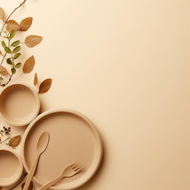 Banner with eco friendly craft paper cutlery and wooden tableware on a beige background with copy space