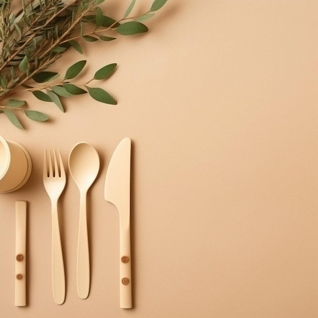 Photo banner with eco friendly craft paper cutlery and wooden tableware on a beige background with copy space