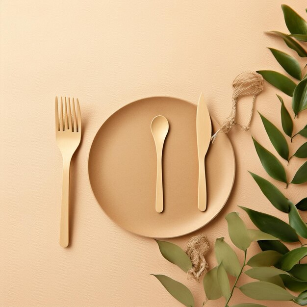 Photo banner with eco friendly craft paper cutlery and wooden tableware on a beige background with copy space