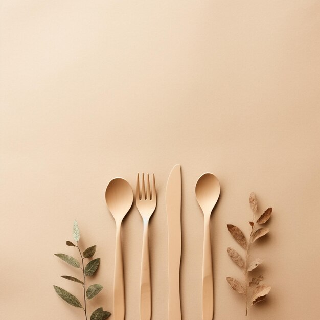 Photo banner with eco friendly craft paper cutlery and wooden tableware on a beige background with copy space