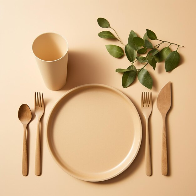 Photo banner with eco friendly craft paper cutlery and wooden tableware on a beige background with copy space