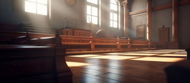 Banner with empty courtroom illuminated by daylight for design Template with copy space Generated AI