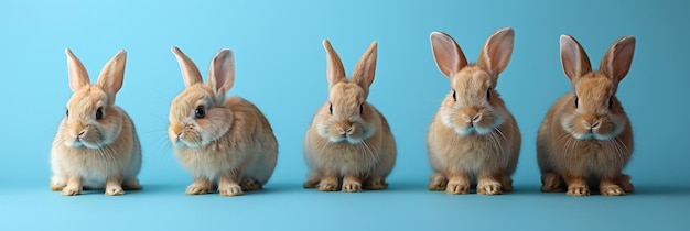 Photo banner with five cute rabbits on blue background