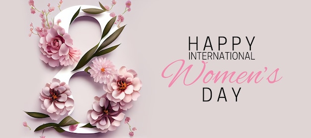 Photo banner with floral decoration and number 8 to celebrate international women's day