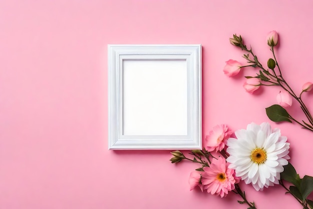 Banner with flower and empty white photo frame on pink background with copy space