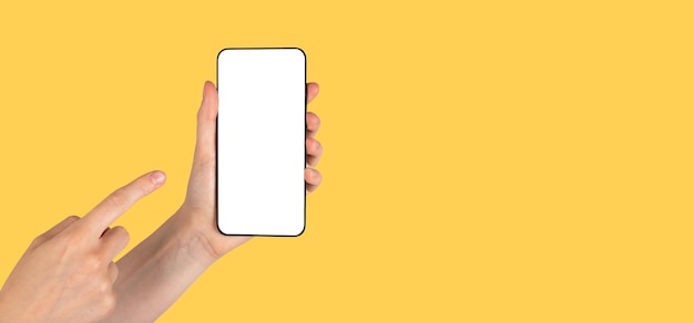 Banner with forefinger pointing to phone mockup on orange background Android template with empty screen Copy space