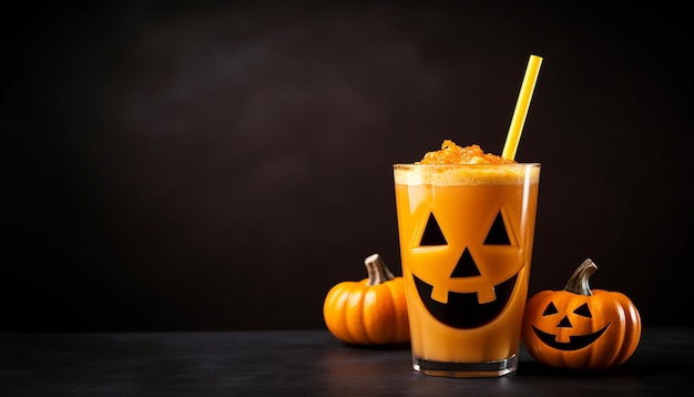 banner with fragrant pumpkin drink in a glass halloween concept