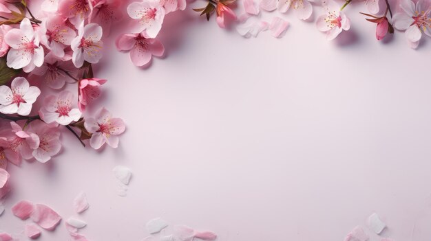 写真 ピンクの背景にバラの花と緑の葉で作られたフレームのバナー 春の作曲