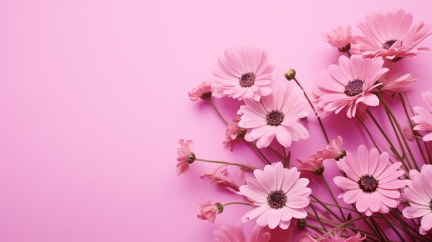 ピンクの背景にバラの花と緑の葉で作られたフレームのバナー 春の作曲