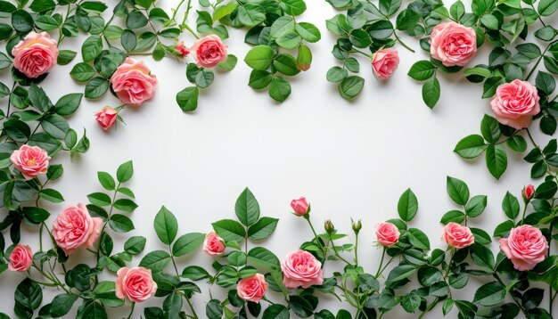 Banner with frame made of rose flowers and green leaves on a white backgroundSpringtime composition