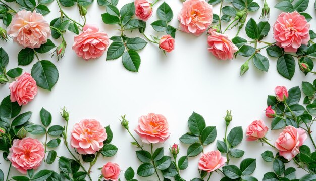 Banner with frame made of rose flowers and green leaves on a white backgroundSpringtime composition