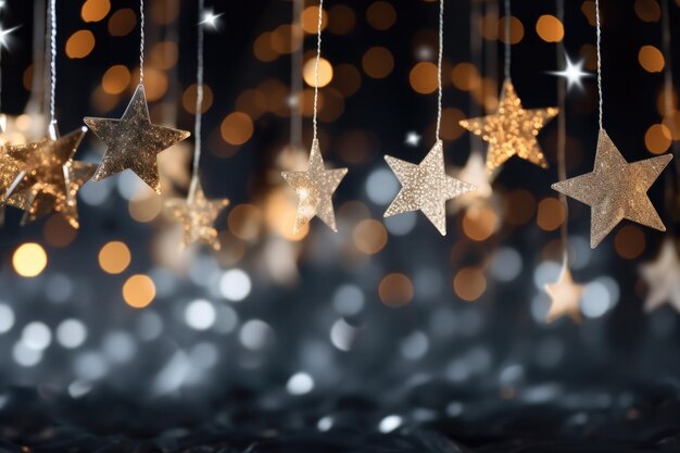 Banner with a garland of shiny stars made of gold paper Christmas background with bokeh lights